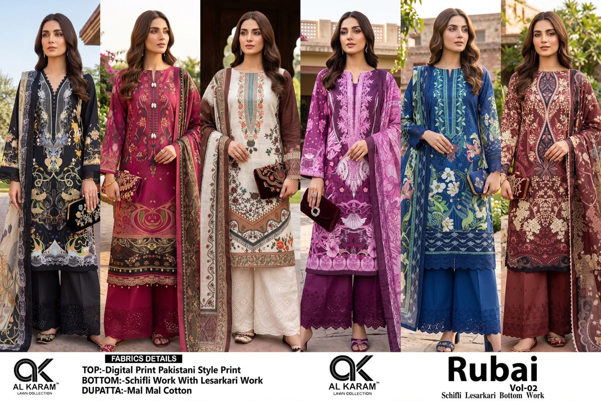 Rubai Vol 2 Al Karam Cotton Karachi Salwar Suits Wholesaler Ahmedabad