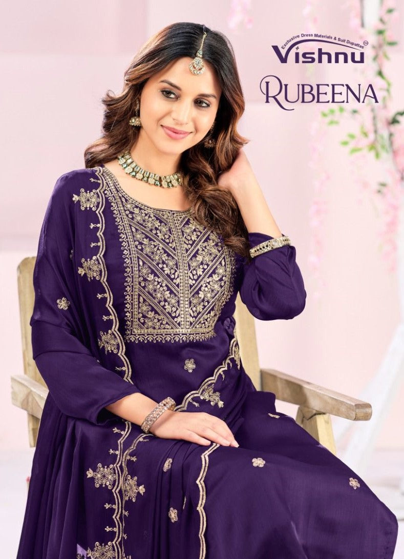 Rubeena Vishnu Impex Satin Chiffon Pant Style Suits Wholesale Price