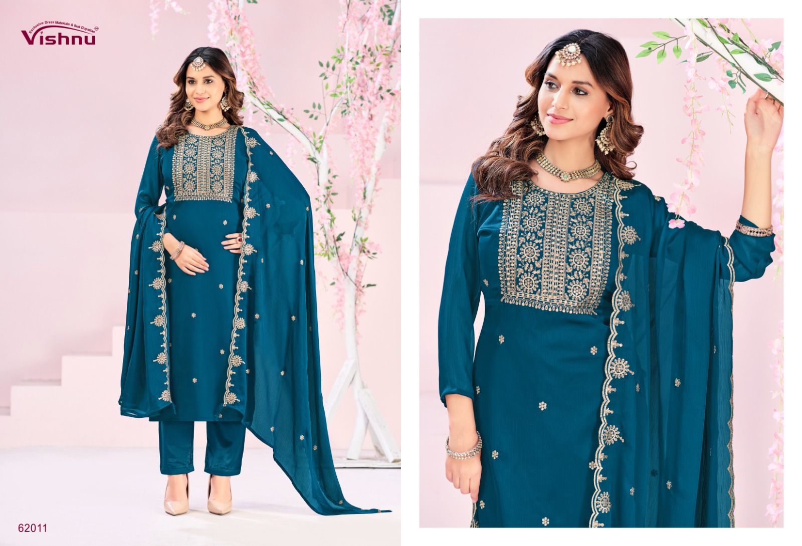 Rubeena Vishnu Impex Satin Chiffon Pant Style Suits Wholesale Price