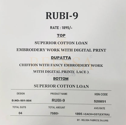 Rubi 9 Relssa Fabrics Cotton Lawn Karachi Salwar Suits Exporter India