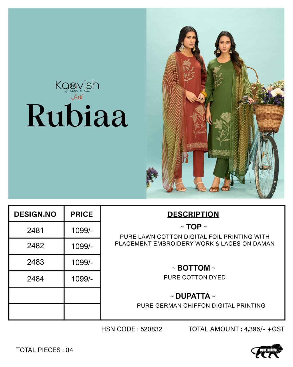 Rubiaa Kaavish Lawn Cotton Pant Style Suits Wholesale Rate