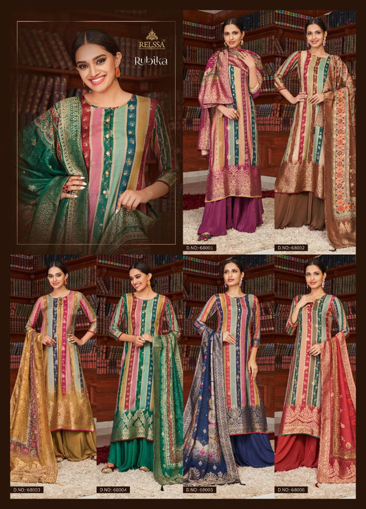 Rubika Relssa Fabrics Muslin Jacquard Plazzo Style Suits Wholesale Price