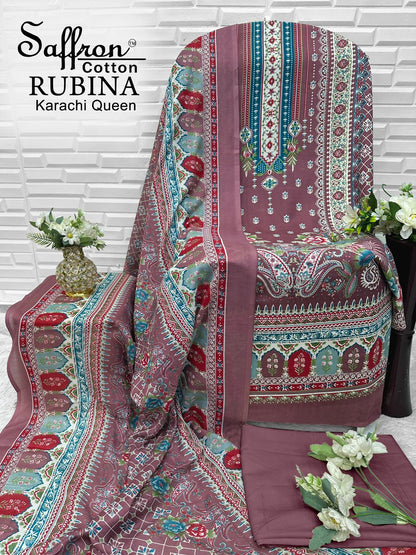 Rubina Queen Saffron Cotton Mix Cotton Karachi Salwar Suits Exporter Ahmedabad
