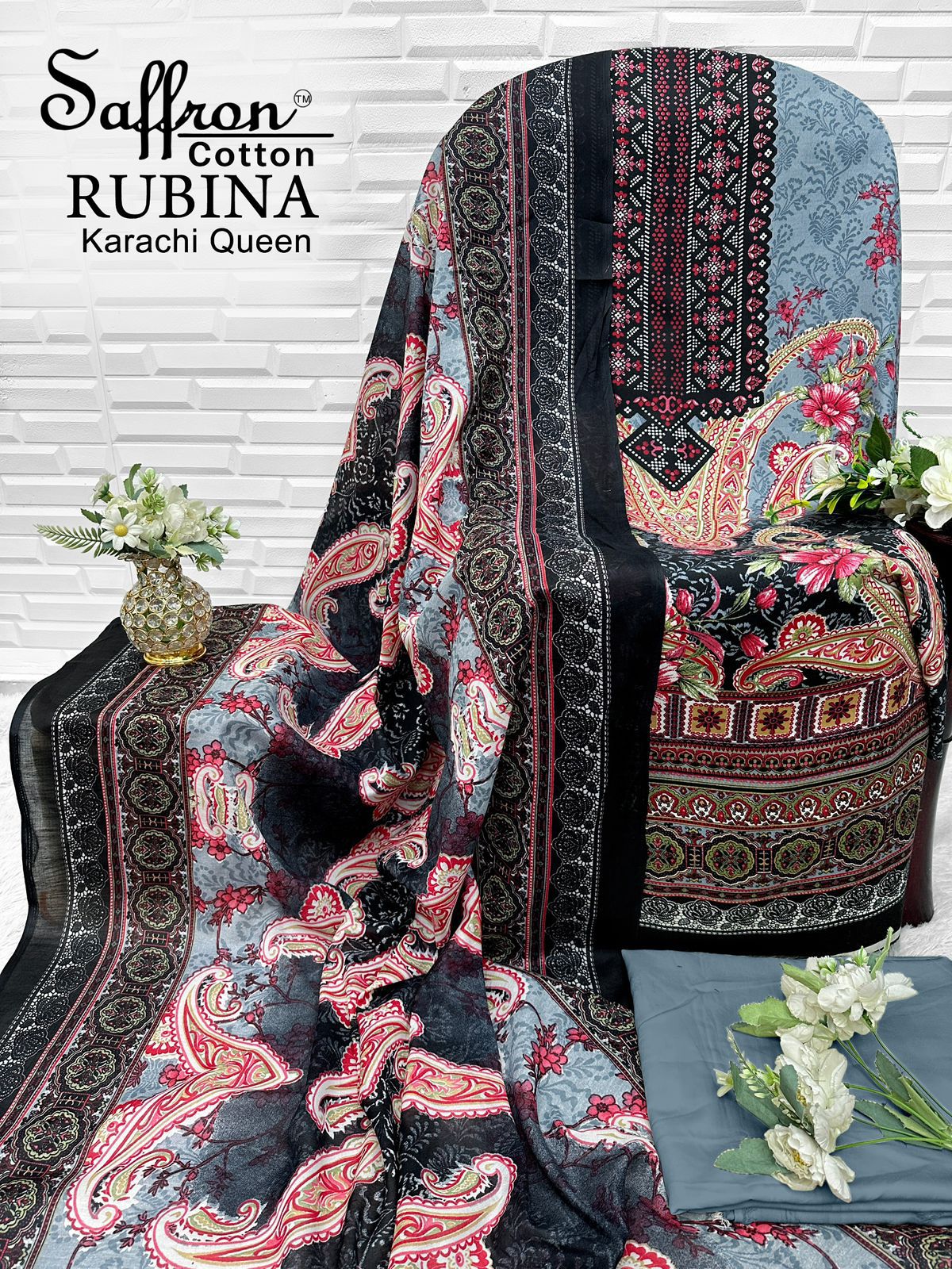 Rubina Queen Saffron Cotton Mix Cotton Karachi Salwar Suits Exporter Ahmedabad