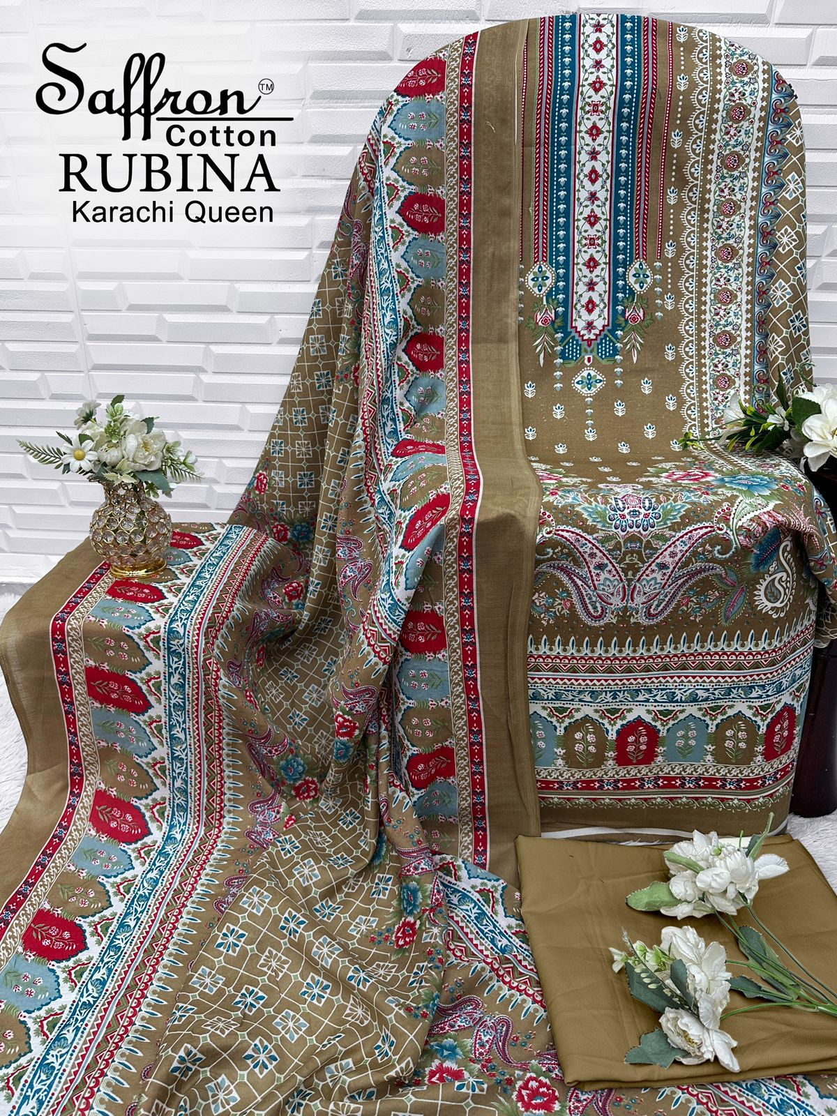Rubina Queen Saffron Cotton Mix Cotton Karachi Salwar Suits Exporter Ahmedabad