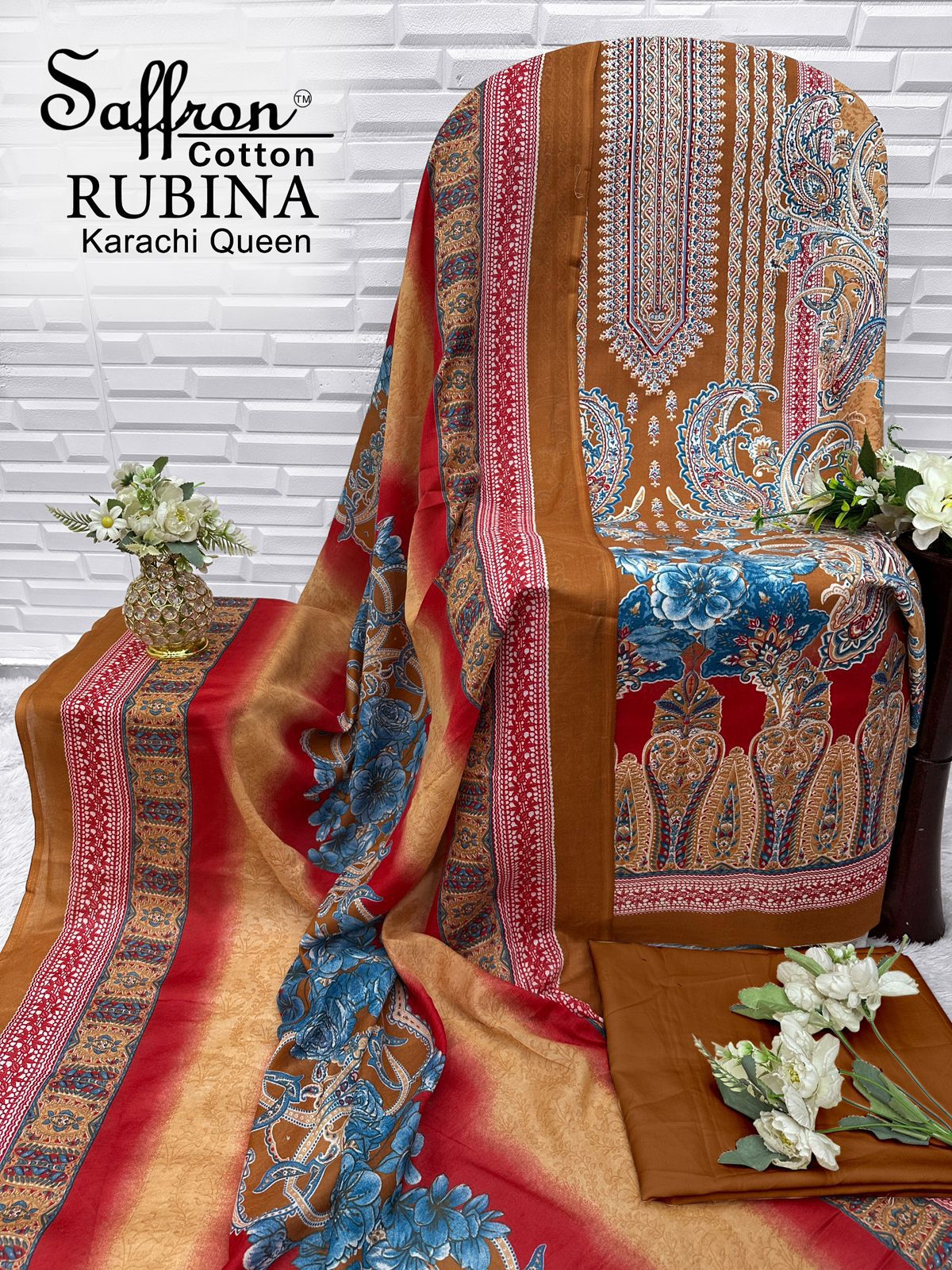 Rubina Queen Saffron Cotton Mix Cotton Karachi Salwar Suits Exporter Ahmedabad