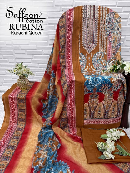 Rubina Queen Saffron Cotton Mix Cotton Karachi Salwar Suits Exporter Ahmedabad