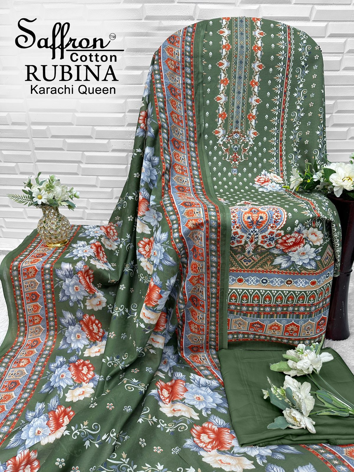 Rubina Queen Saffron Cotton Mix Cotton Karachi Salwar Suits Exporter Ahmedabad