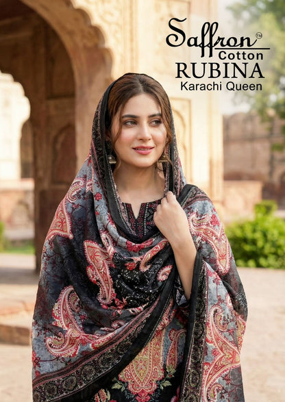 Rubina Queen Saffron Cotton Mix Cotton Karachi Salwar Suits Exporter Ahmedabad