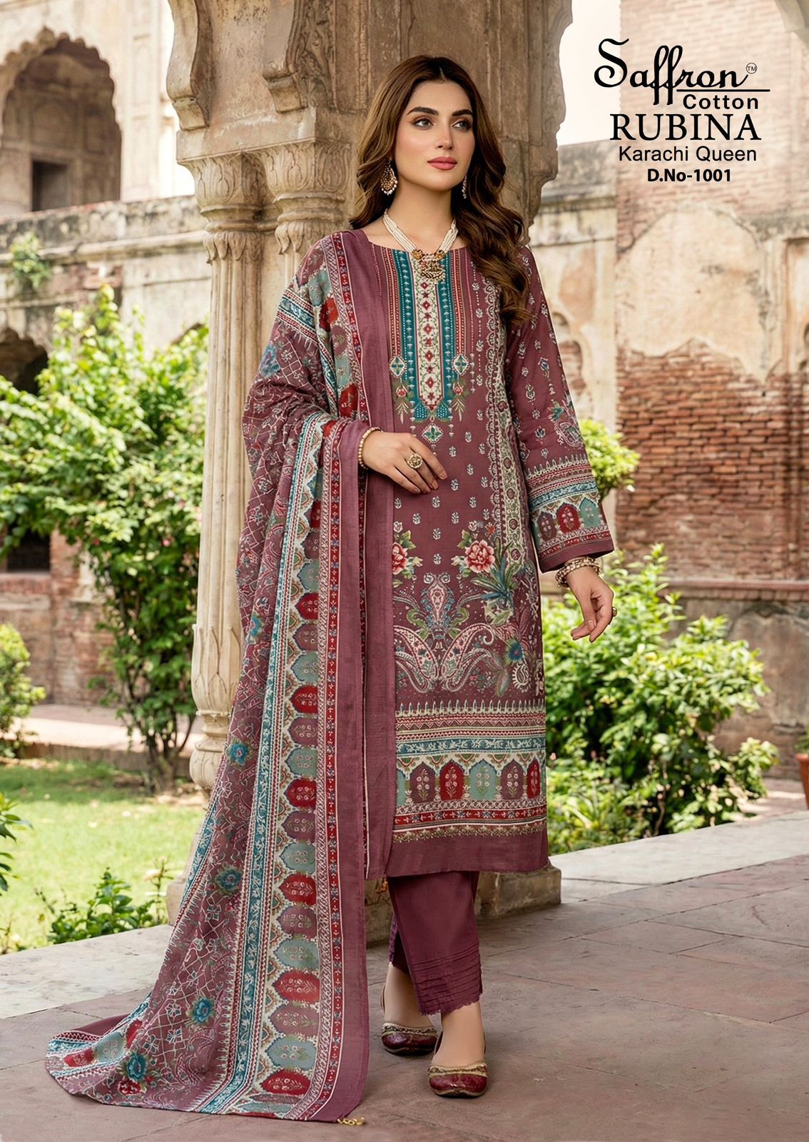 Rubina Queen Saffron Cotton Mix Cotton Karachi Salwar Suits Exporter Ahmedabad