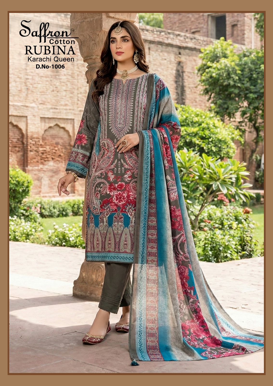 Rubina Queen Saffron Cotton Mix Cotton Karachi Salwar Suits Exporter Ahmedabad