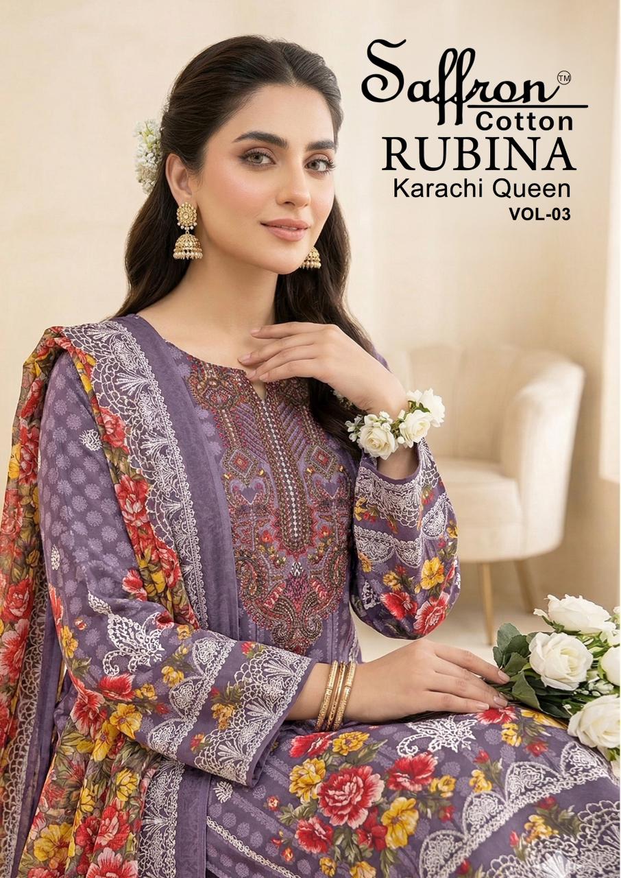Rubina Vol 3 Saffron Cotton Indo Karachi Salwar Suits Supplier Gujarat