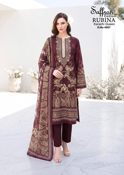 Rubina Vol 4 Saffron Cotton Indo Cotton Karachi Salwar Suits Supplier