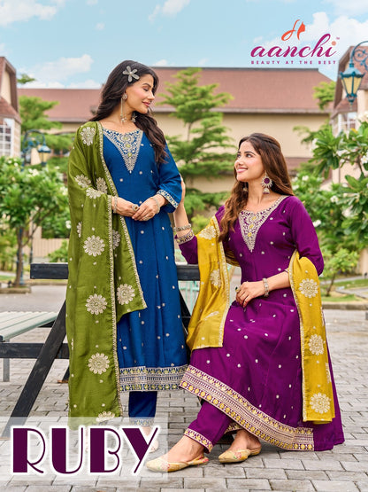 Ruby Aanchi Vichitra Silk Readymade Anarkali Suits Manufacturer