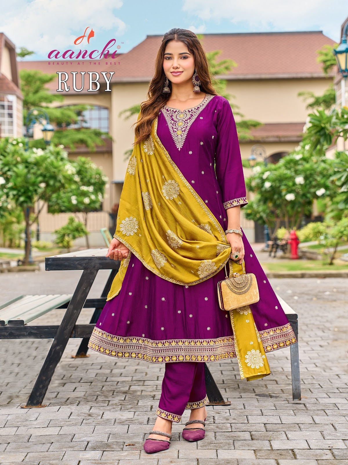 Ruby Aanchi Vichitra Silk Readymade Anarkali Suits Manufacturer