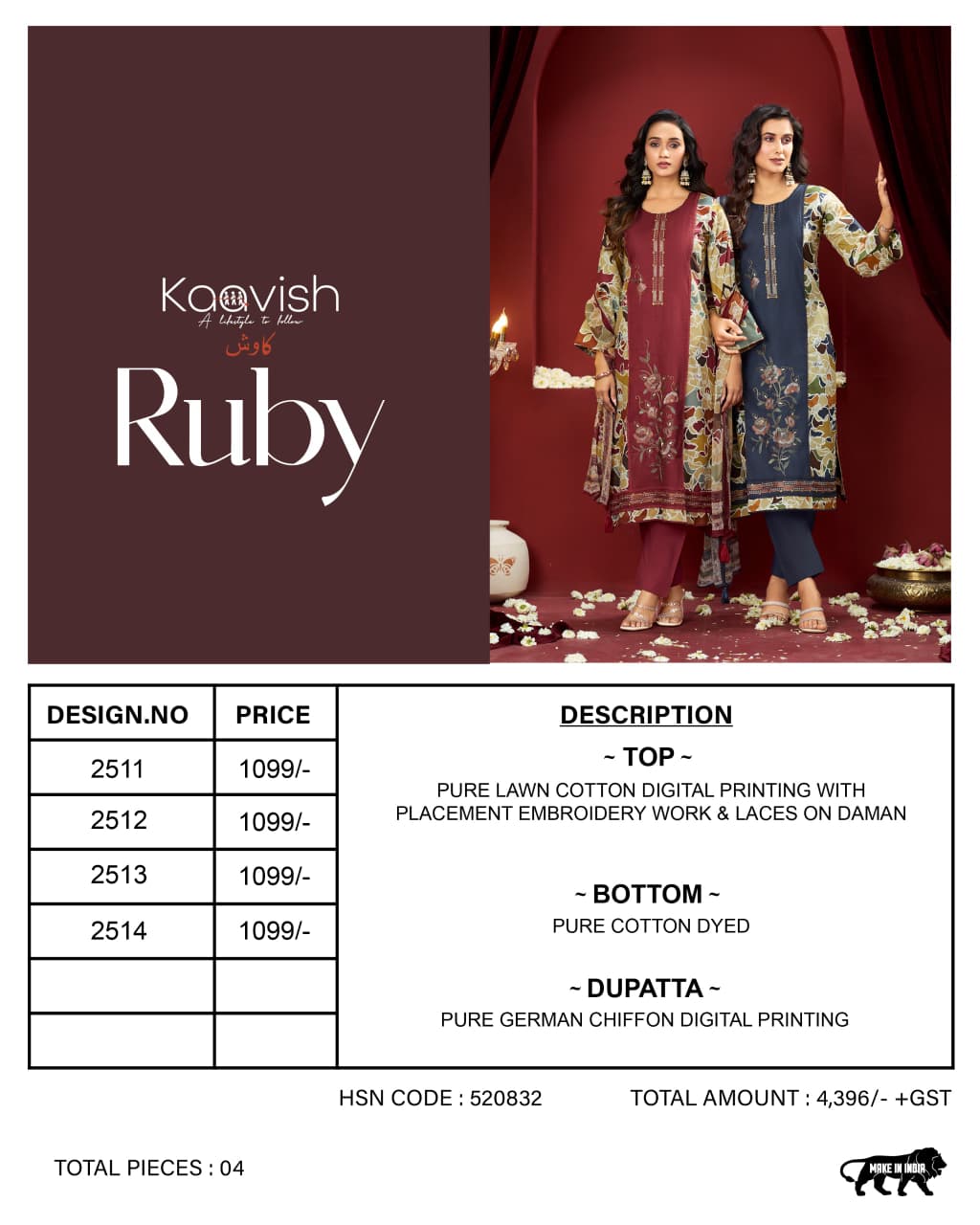 Ruby Kaavish Lawn Cotton Pant Style Suits Exporter India
