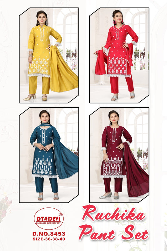 Ruchika 8453 Dt Devi Roman Silk Readymade Pant Style Suits Manufacturer India