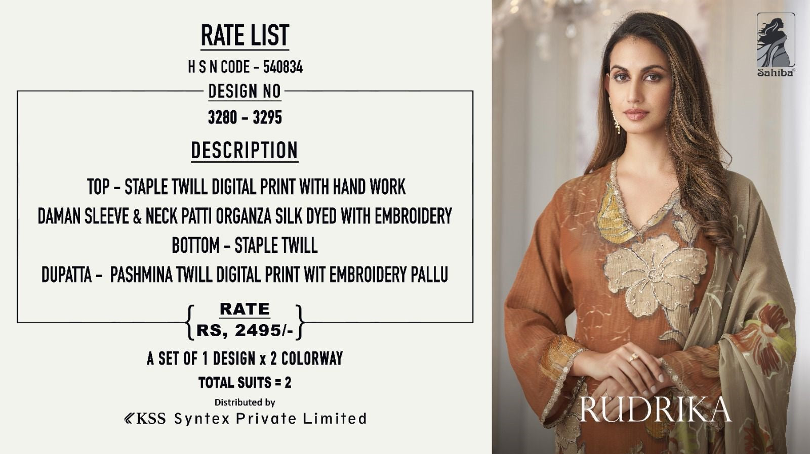 Rudrika Sahiba Staple Twill Pashmina Suits Exporter Ahmedabad