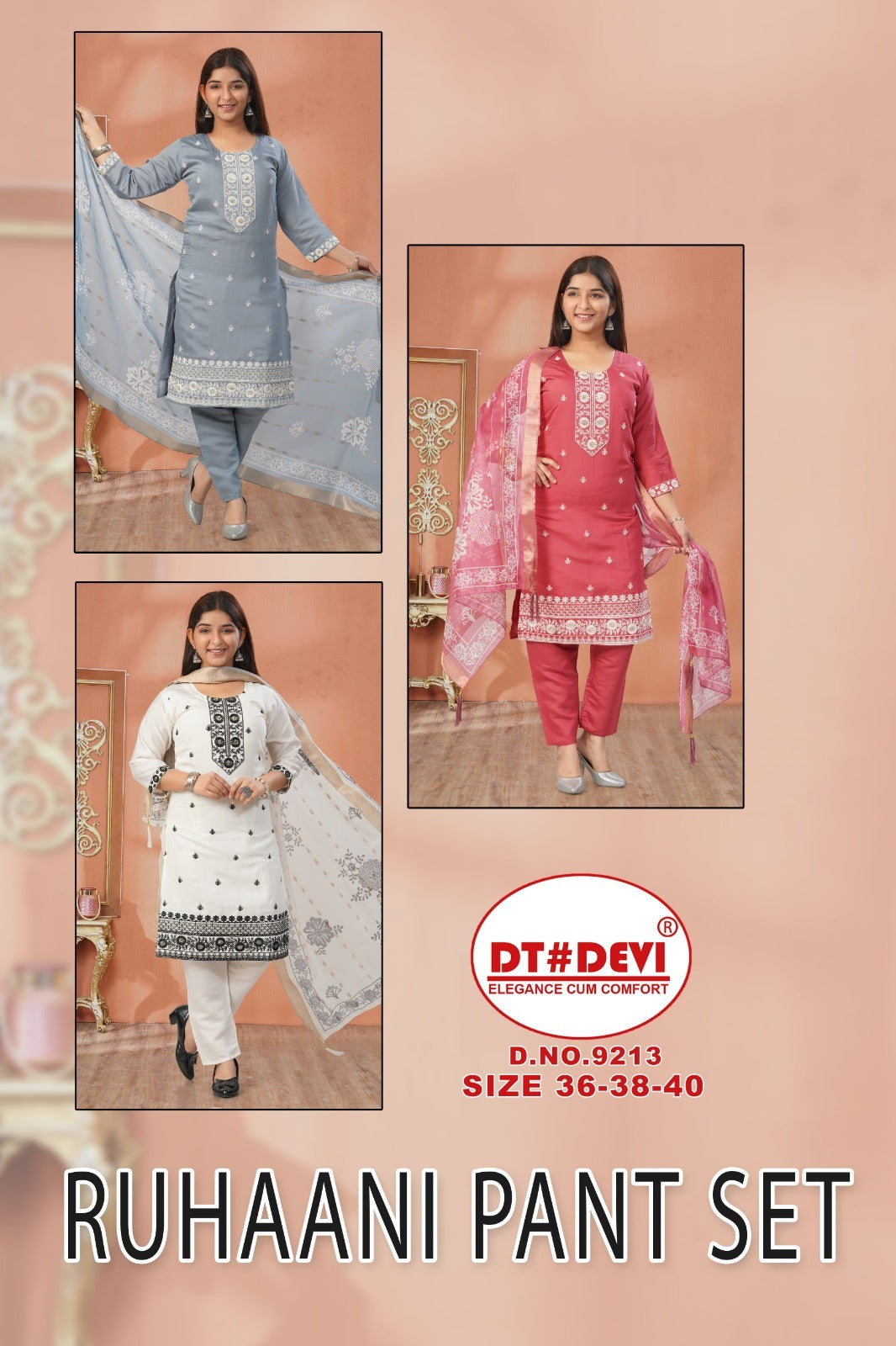 Ruhaani Dn 9213 Dt Devi Roman Silk Girls Readymade Pant Suits Wholesale Price