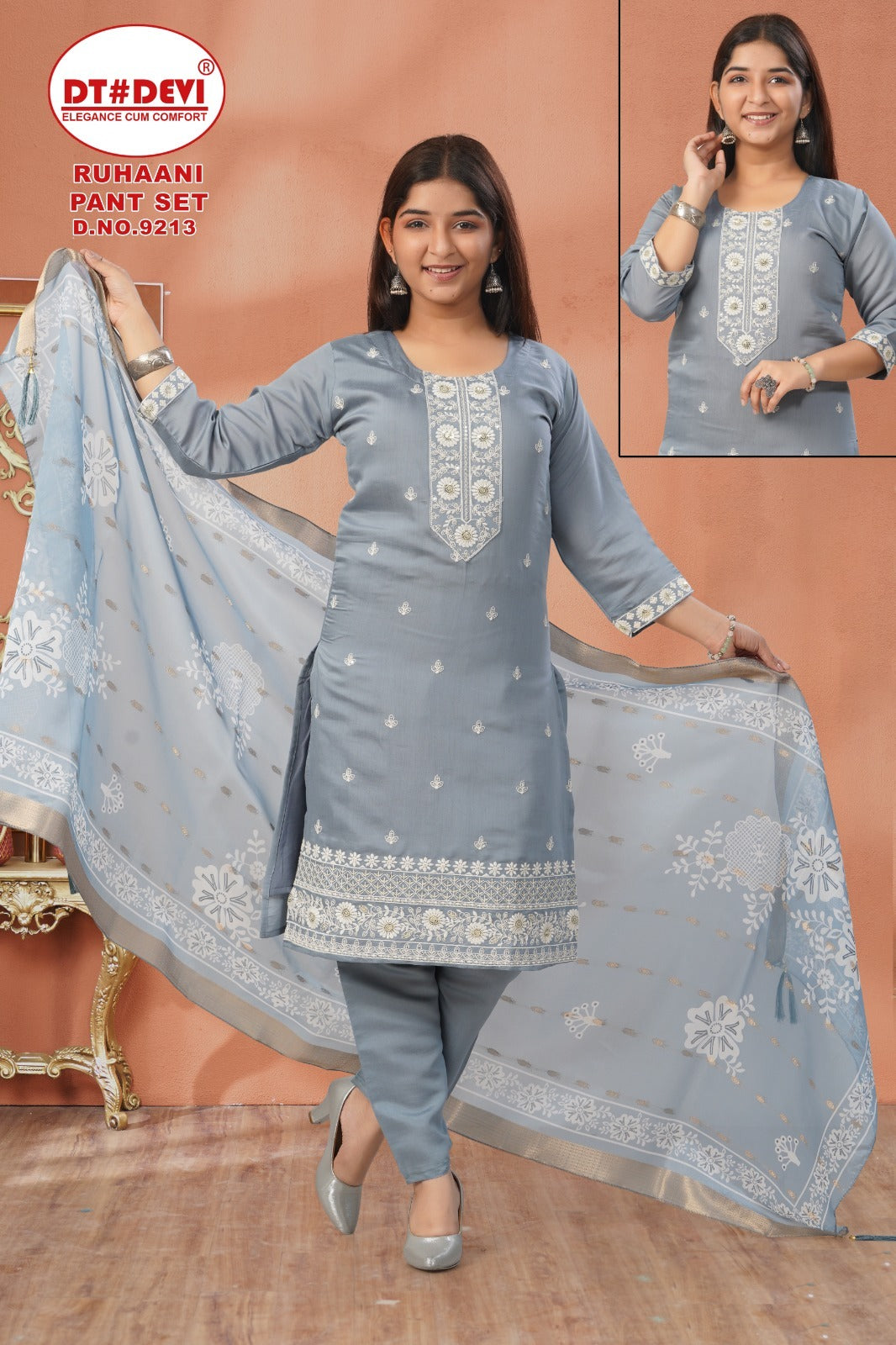 Ruhaani Dn 9213 Dt Devi Roman Silk Girls Readymade Pant Suits Wholesale Price