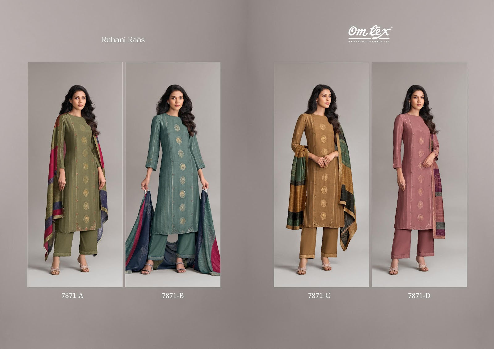 Ruhani Raas Omtex Muslin Jacquard Pant Style Suits Wholesale