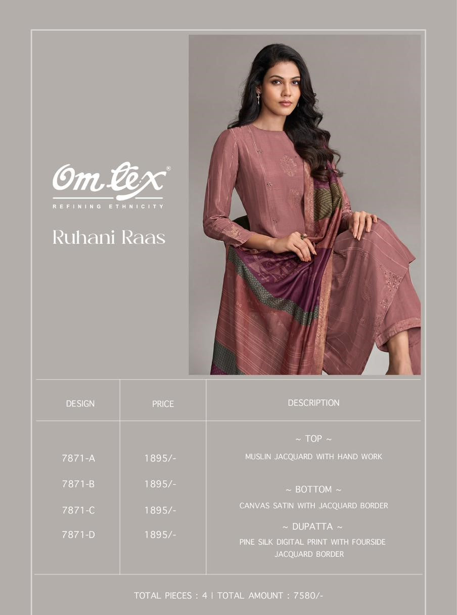 Ruhani Raas Omtex Muslin Jacquard Pant Style Suits Wholesale