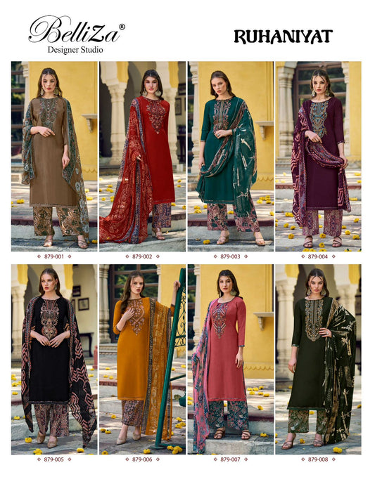 Ruhaniyat 879 Series Belliza Designer Studio Viscose Rayon Salwar Suits Wholesaler Ahmedabad