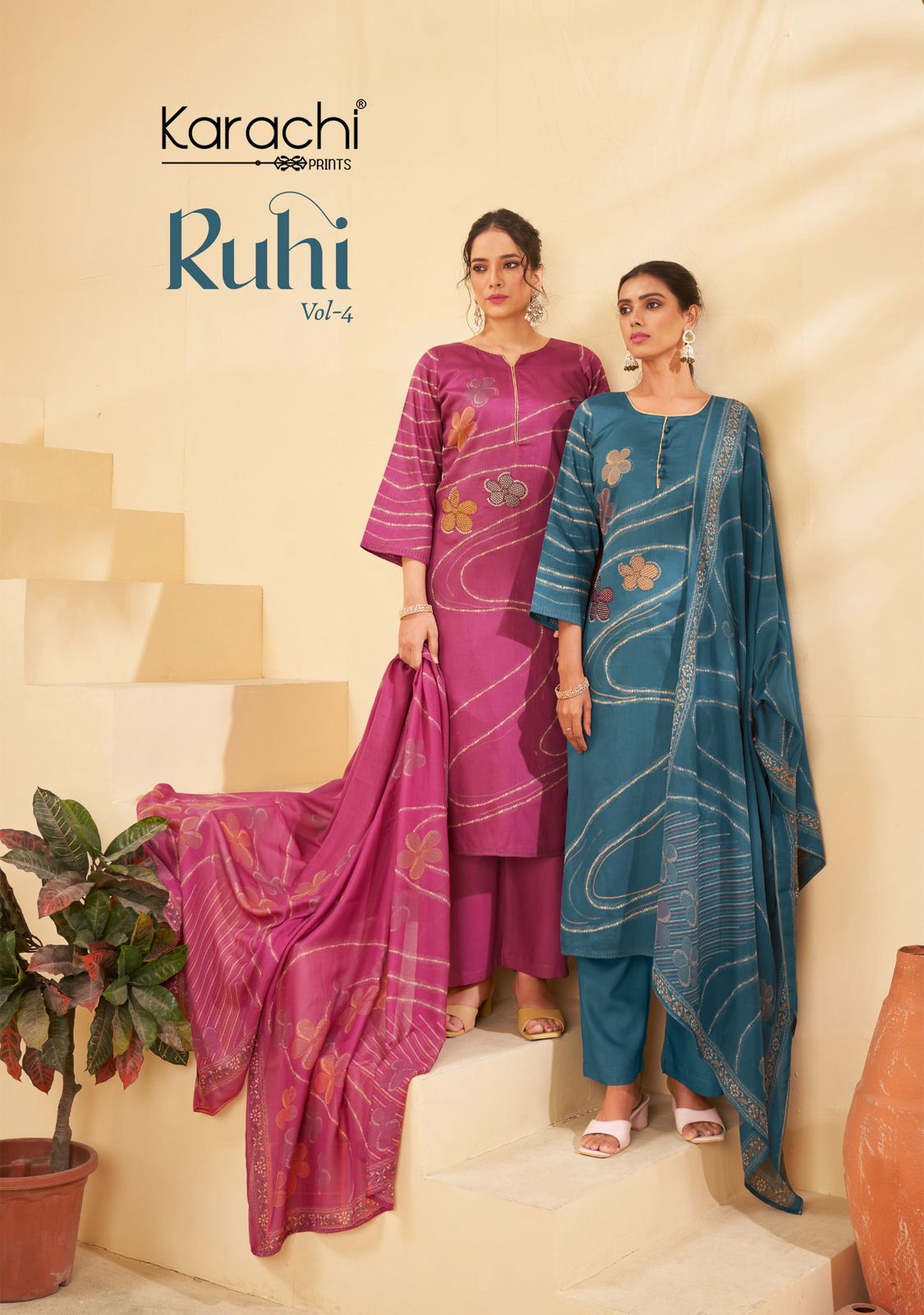 Ruhi Vol 4 Karachi Prints Jam Satin Pant Style Suits Exporter