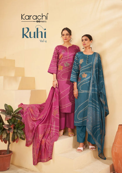 Ruhi Vol 4 Karachi Prints Jam Satin Pant Style Suits Exporter