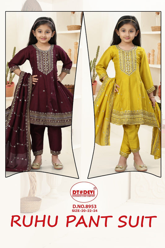 Ruhu 8953 Dt Devi Vichitra Silk Girls Readymade Pant Suits Supplier India
