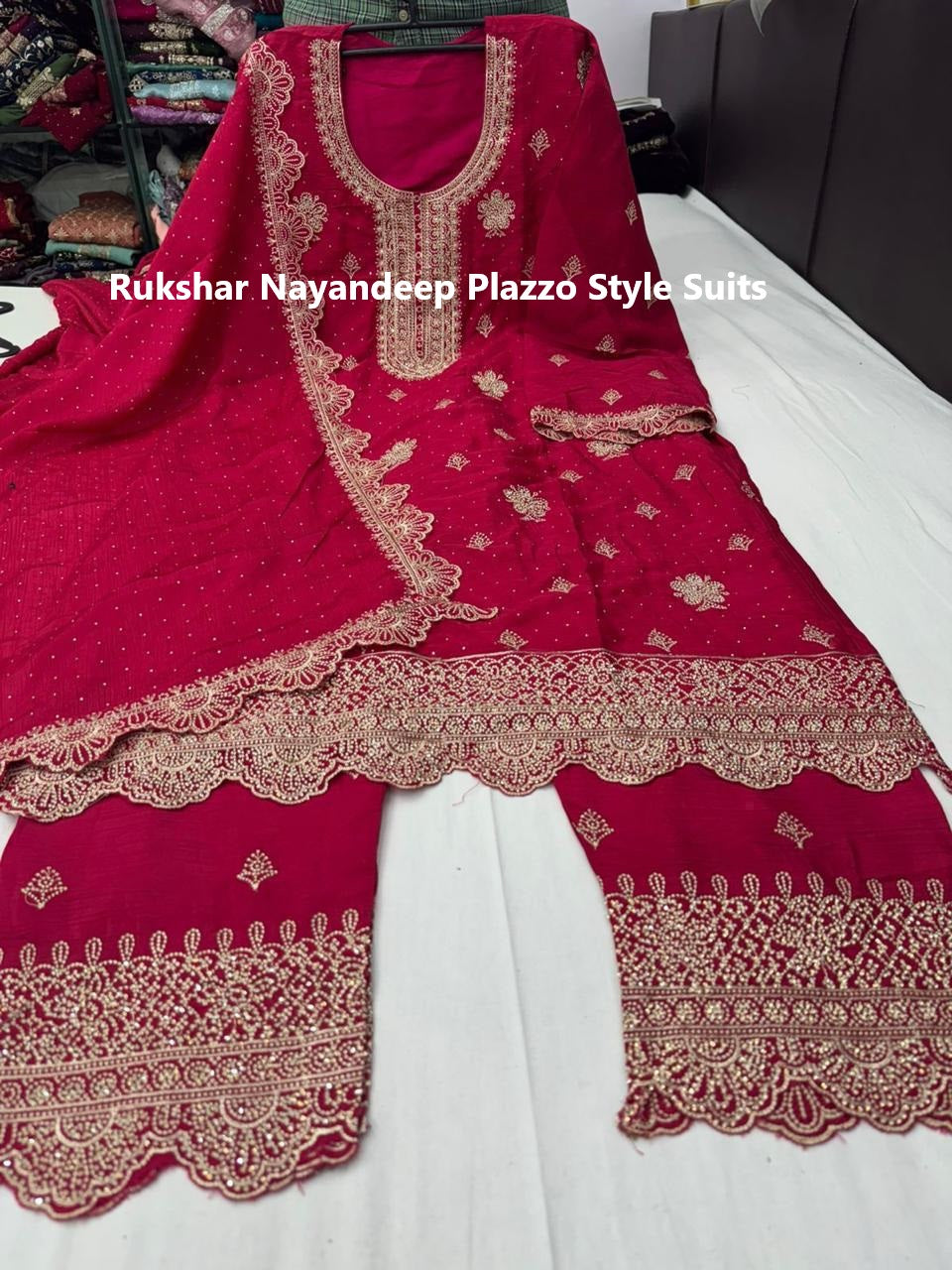 Rukshar Nayandeep Chinon Plazzo Style Suits Supplier Gujarat