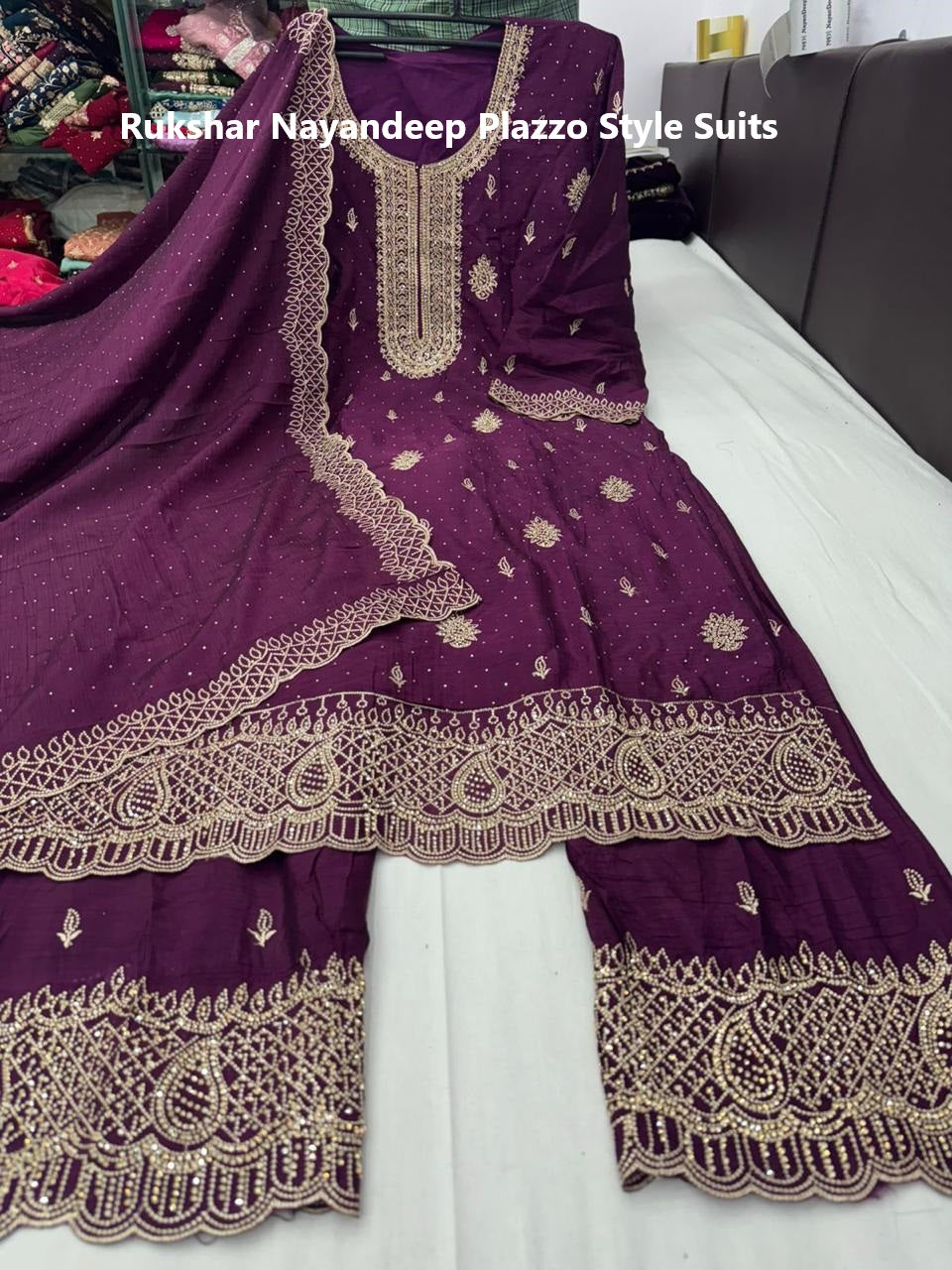 Rukshar Nayandeep Chinon Plazzo Style Suits Supplier Gujarat