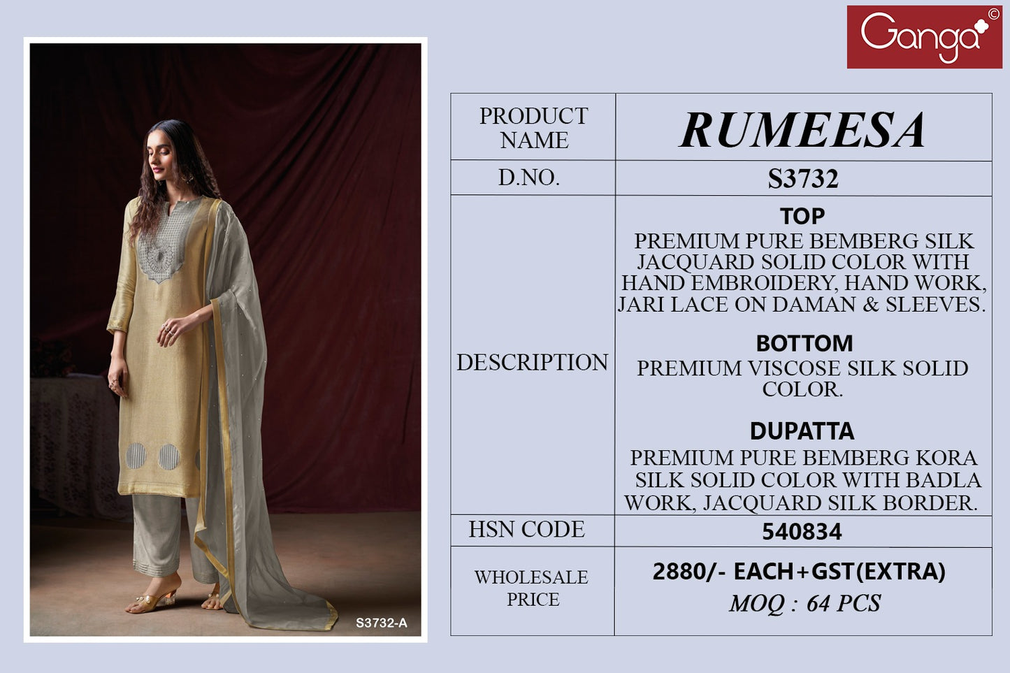 Rumeesa 3732 Ganga Premium Bemberg Plazzo Style Suits Exporter Ahmedabad