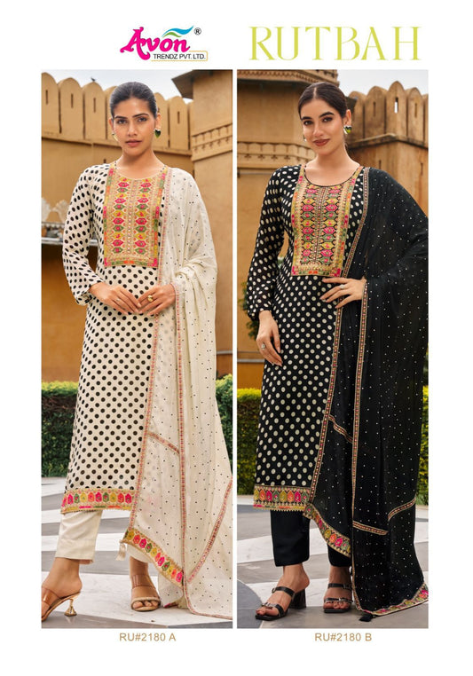 Rutbah White And Black Avon Trendz Habutai Silk Pant Style Suits Manufacturer India