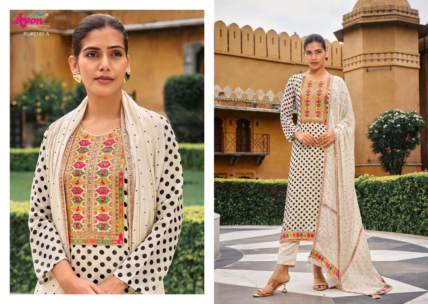 Rutbah White And Black Avon Trendz Habutai Silk Pant Style Suits Manufacturer India