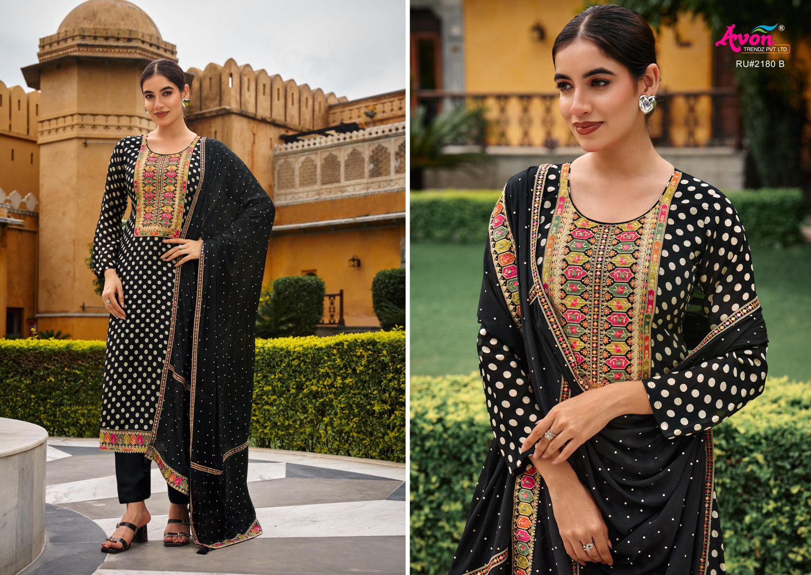 Rutbah White And Black Avon Trendz Habutai Silk Pant Style Suits Manufacturer India