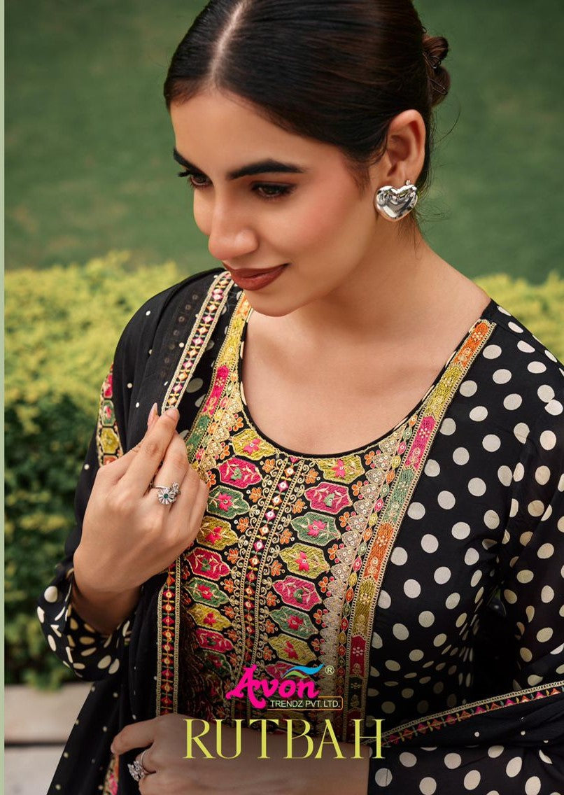 Rutbah White And Black Avon Trendz Habutai Silk Pant Style Suits Manufacturer India