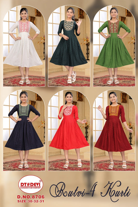 Rutvi Vol 4 8706 Dt Devi Rayon Girls Anarkali Kurti Supplier Ahmedabad