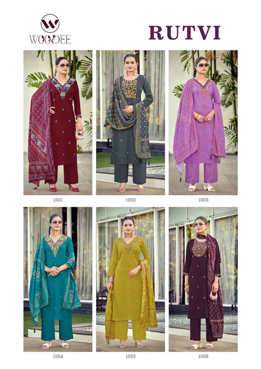 Rutvi Woodee Liva Rayon Readymade Pant Style Suits Supplier Gujarat