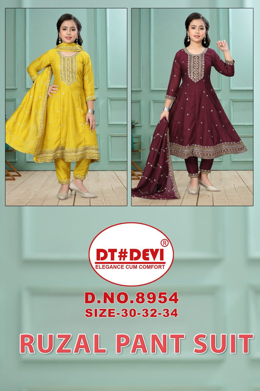 Ruzal 8954 Dt Devi Vichitra Silk Girls Readymade Pant Suits Exporter India