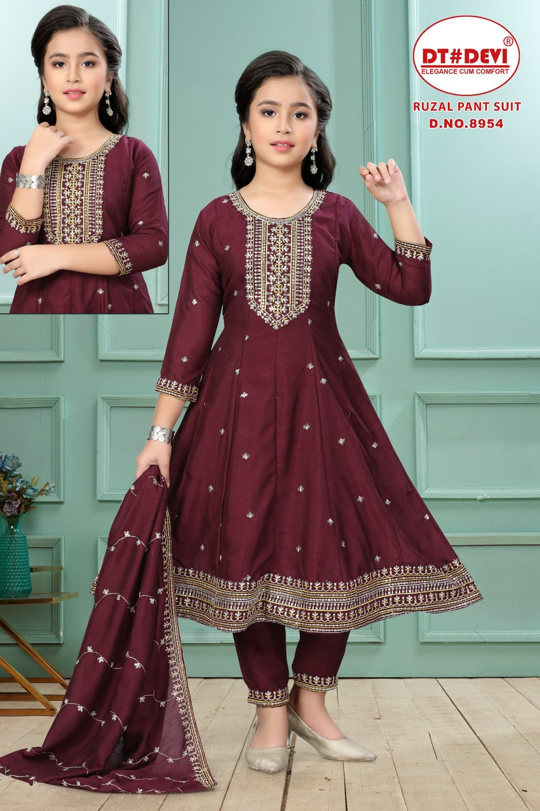 Ruzal 8954 Dt Devi Vichitra Silk Girls Readymade Pant Suits Exporter India