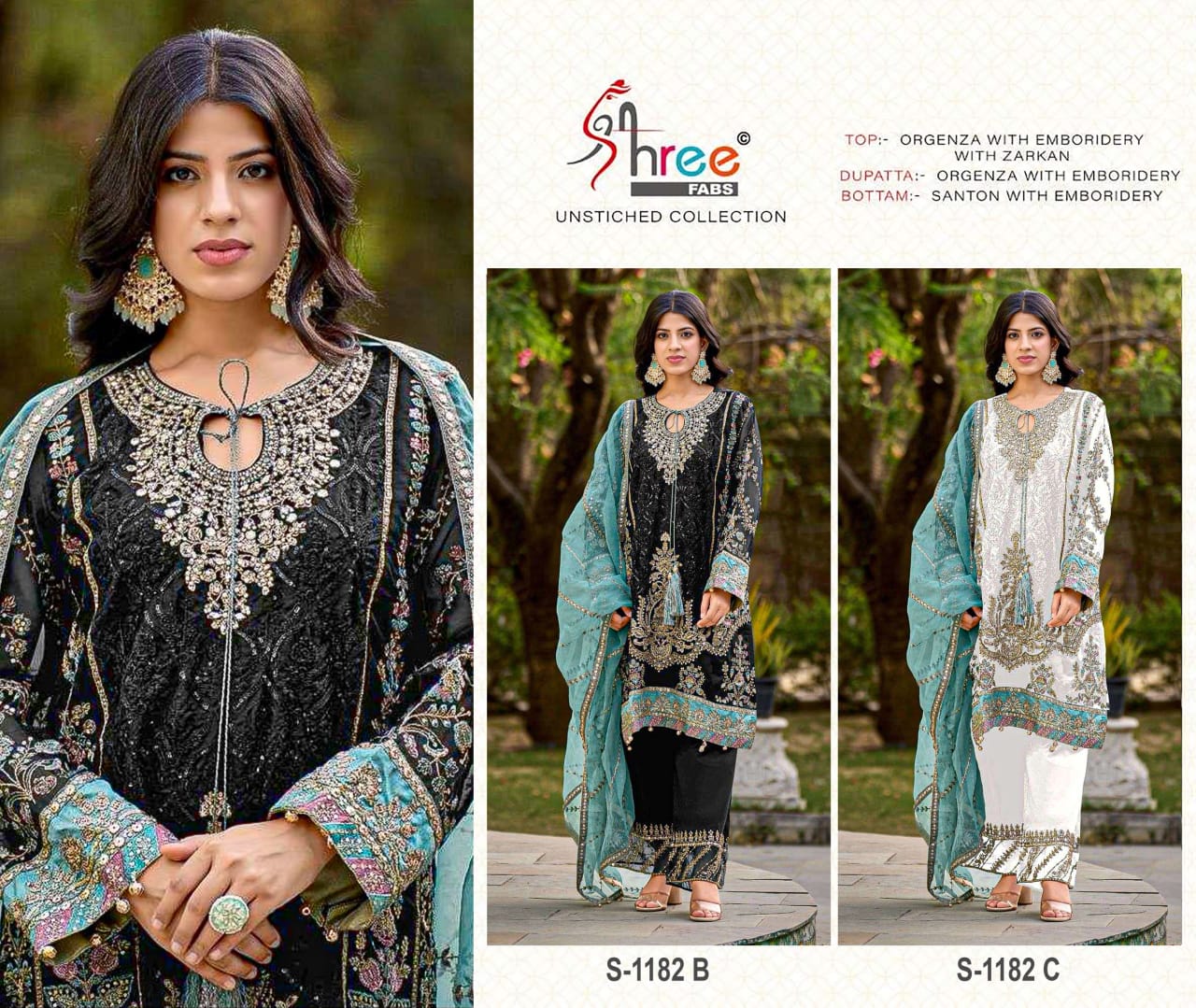 S 1182 Chart Shree Fabs Organza Pakistani Salwar Suits Manufacturer Ahmedabad