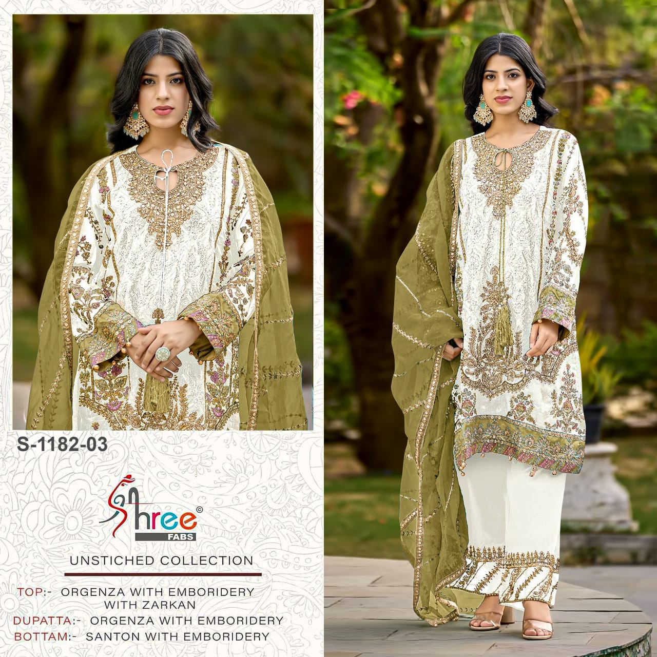 S 1182 White Shree Fabs Organza Pakistani Salwar Suits Manufacturer India