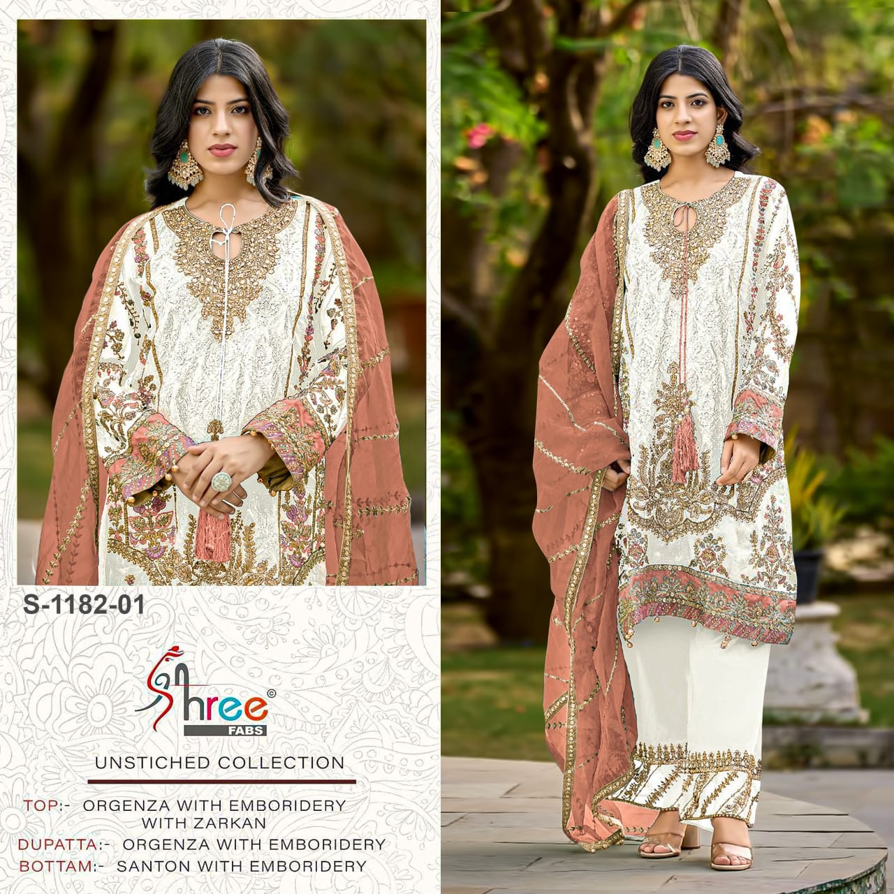 S 1182 White Shree Fabs Organza Pakistani Salwar Suits Manufacturer India