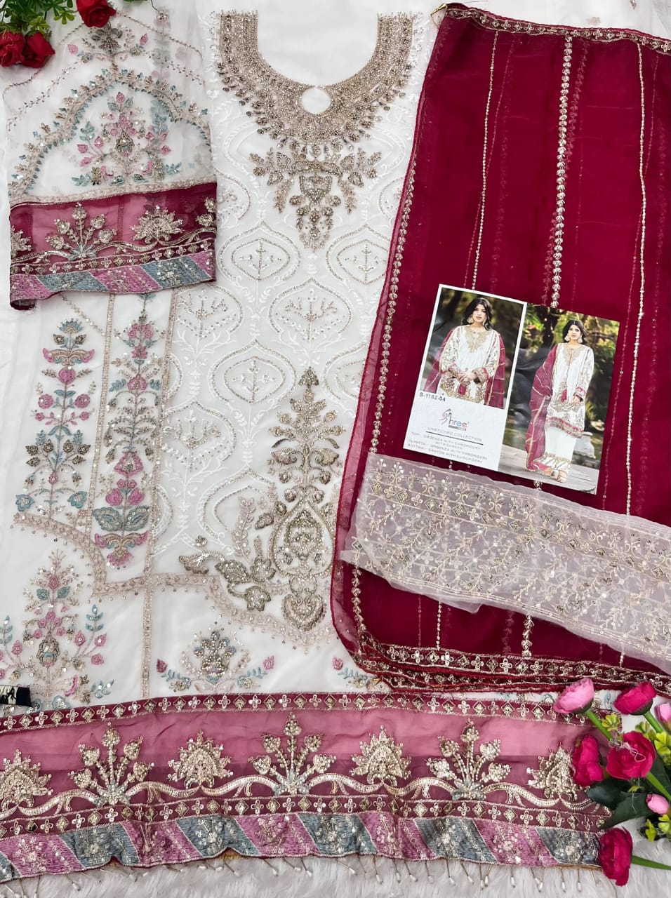 S 1182 White Shree Fabs Organza Pakistani Salwar Suits Manufacturer India