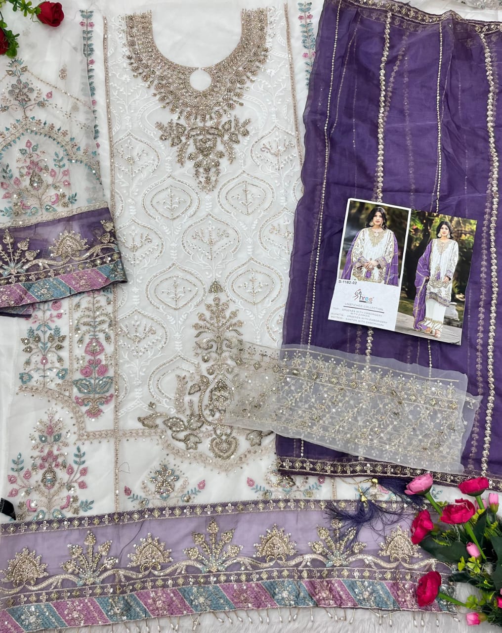 S 1182 White Shree Fabs Organza Pakistani Salwar Suits Manufacturer India