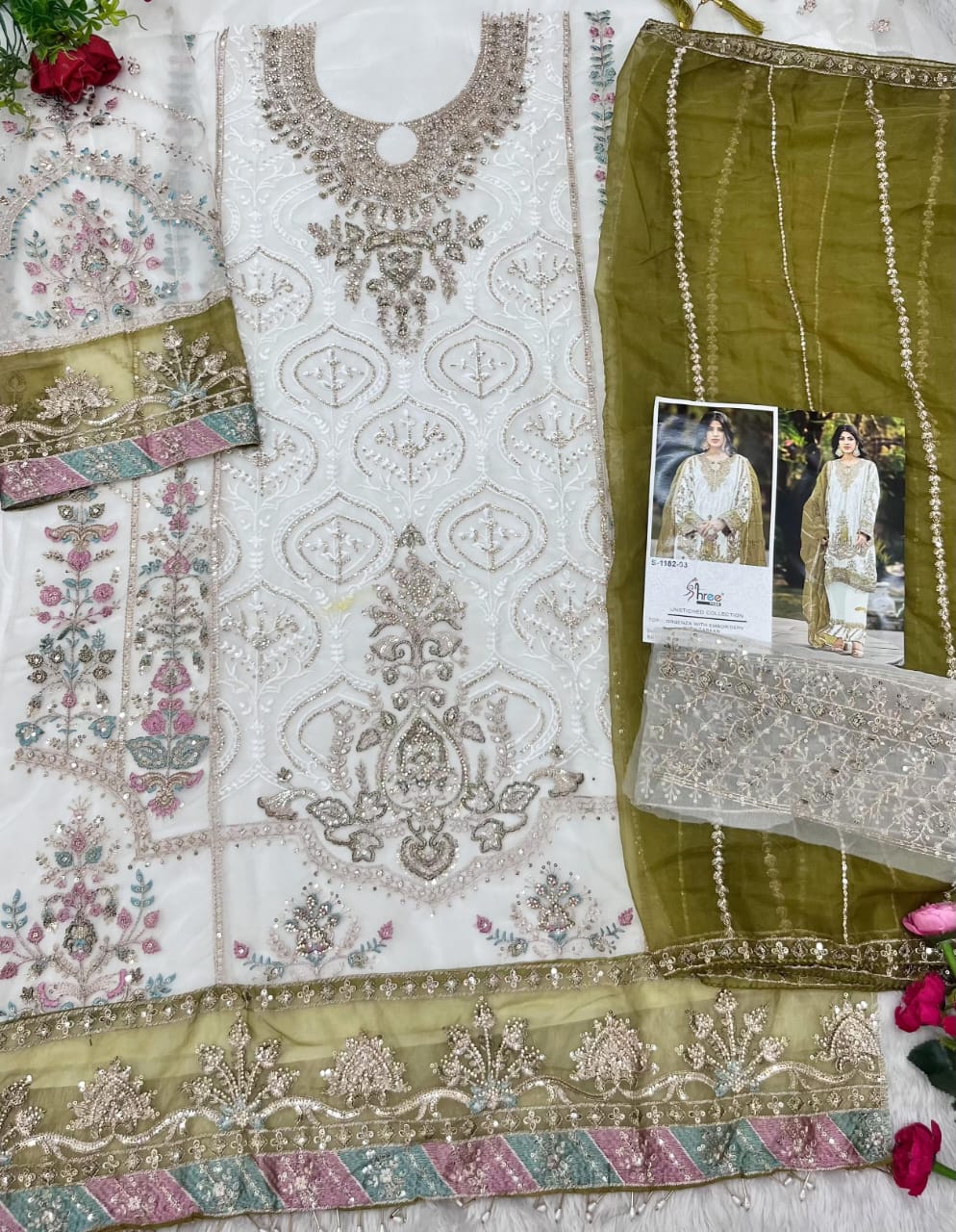 S 1182 White Shree Fabs Organza Pakistani Salwar Suits Manufacturer India