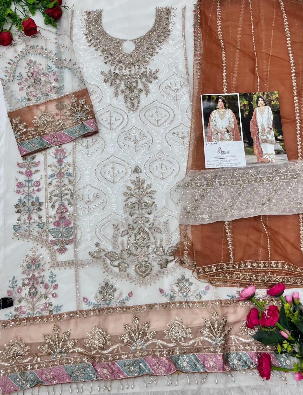 S 1182 White Shree Fabs Organza Pakistani Salwar Suits Manufacturer India