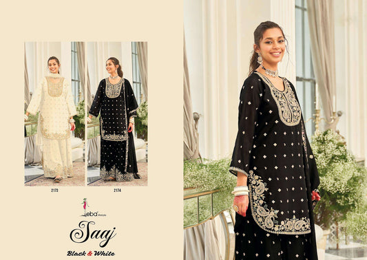 Saaj Black-White Eba Lifestyle Chinon Pakistani Readymade Suits Supplier Ahmedabad