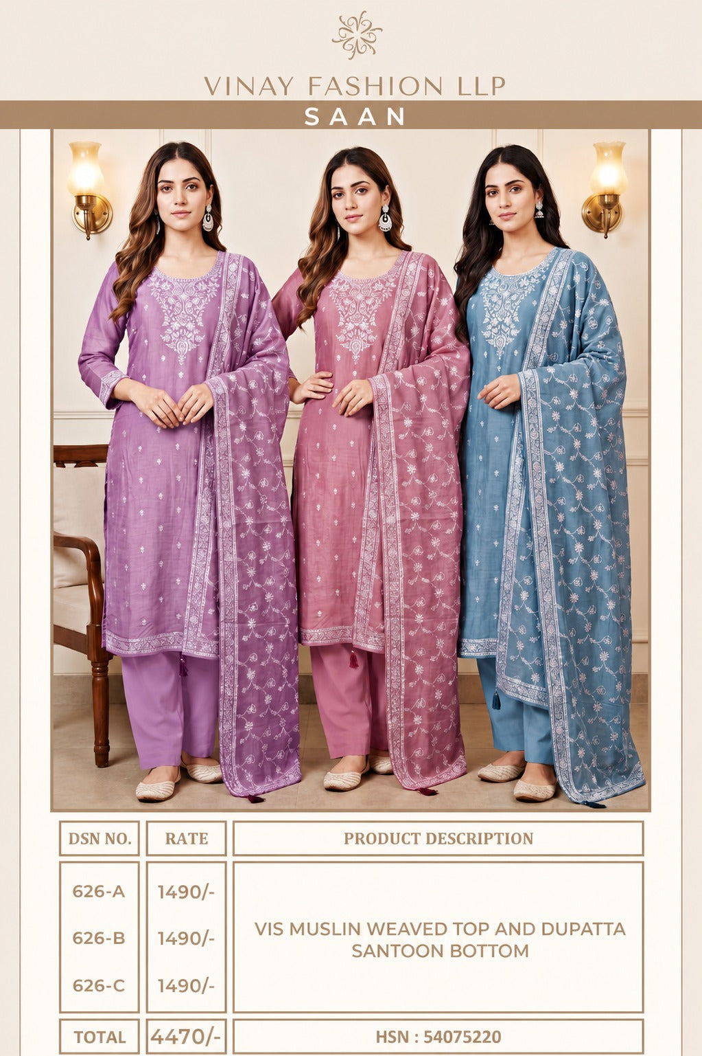 Saan Kuleesh Vinay Fashion Llp Viscose Muslin Pant Style Suits Wholesaler